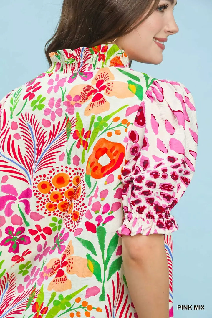 Mixed floral print puff sleeve top with ruffle V-neck