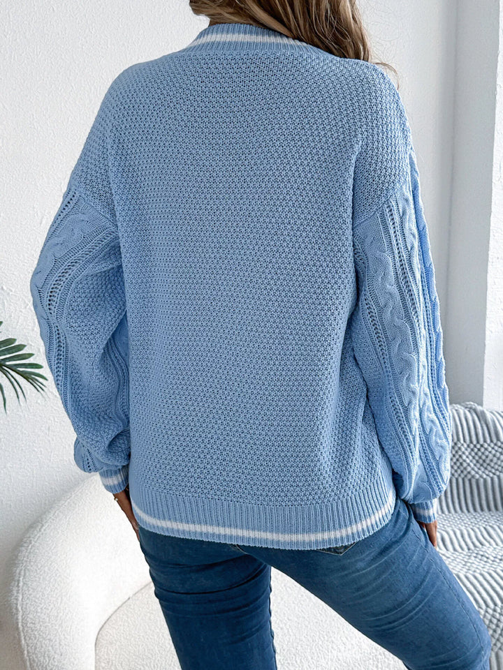 Mixed cable knit drop shoulder V-neck pullover sweater