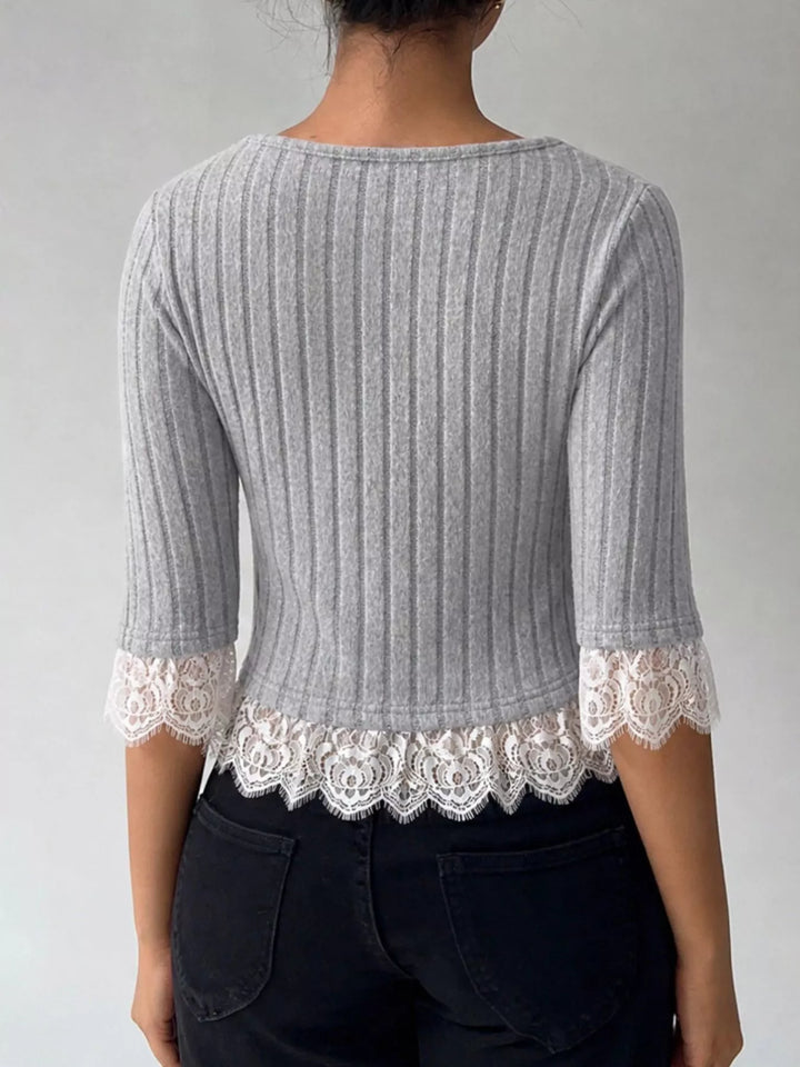 Scalloped lace trim ribbed knit button-down top
