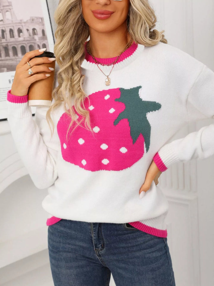 Strawberry graphic crew neck knit sweater
