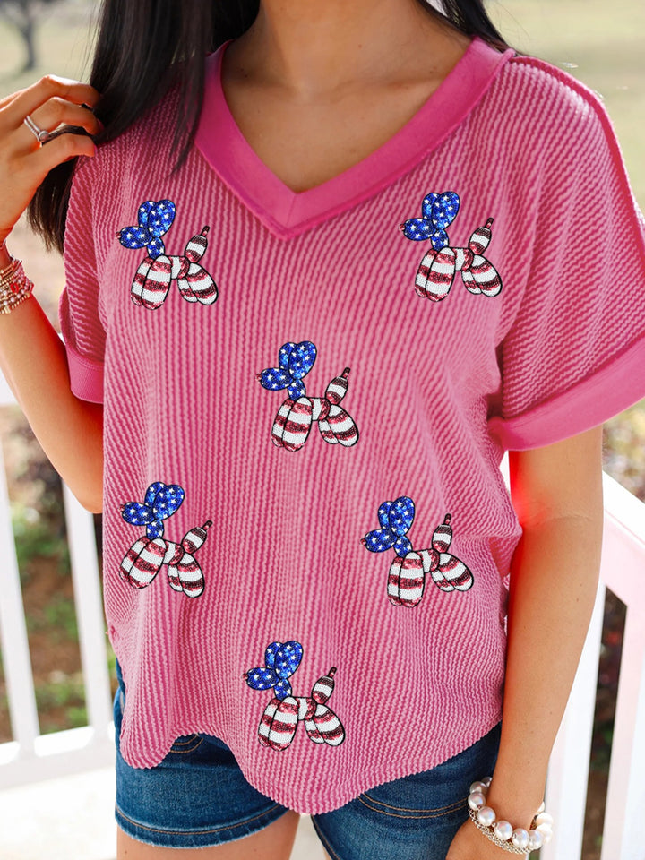 Sequin patriotic balloon dog ribbed v-neck tee