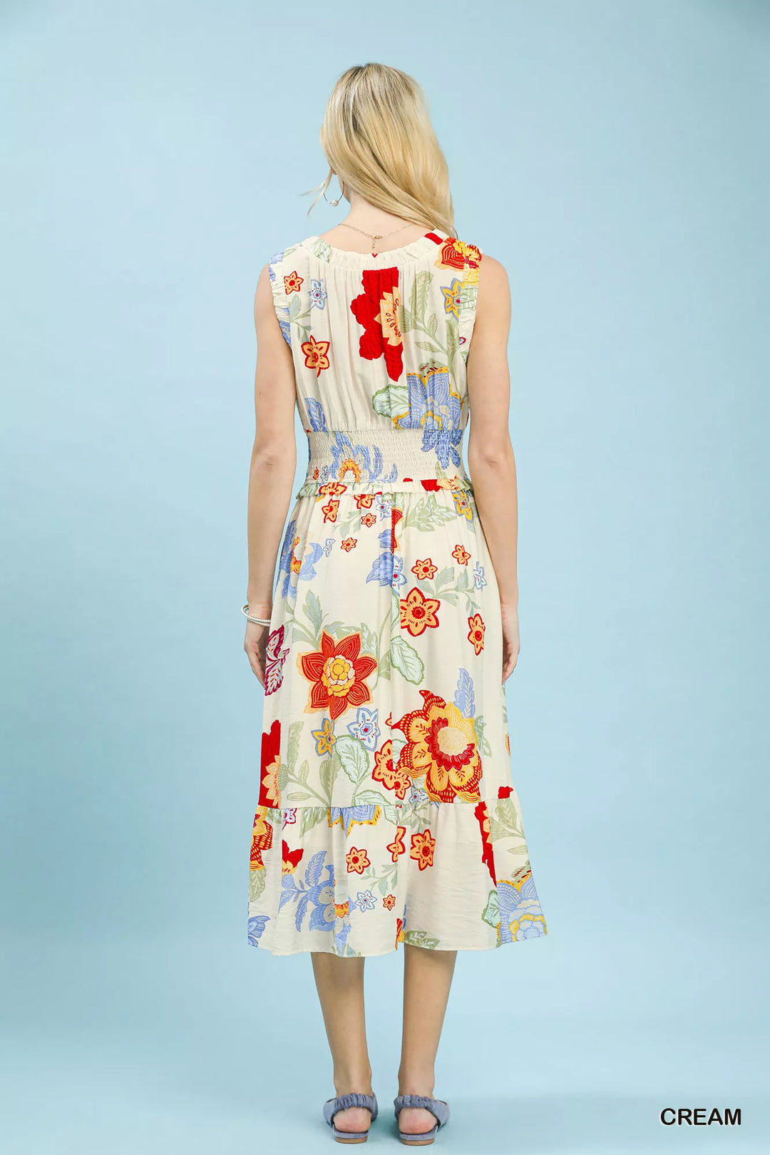 Sleeveless floral smocked-waist tiered midi dress