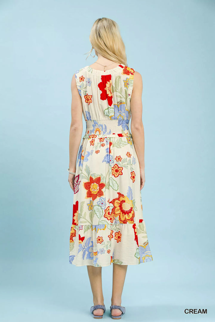 Sleeveless floral smocked-waist tiered midi dress