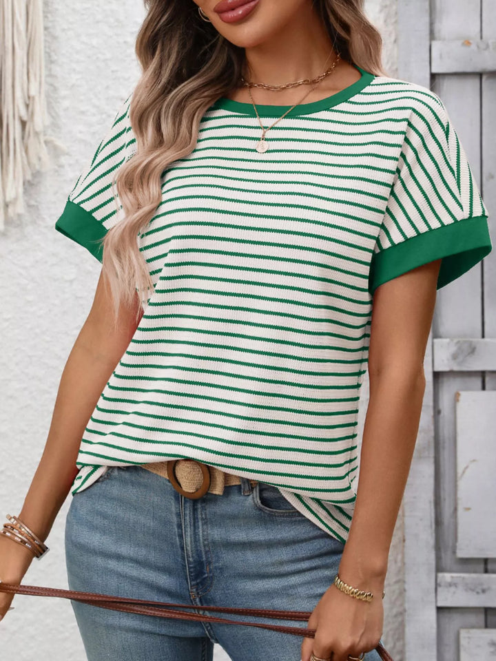 Green Striped short sleeve knit tee with contrast trim