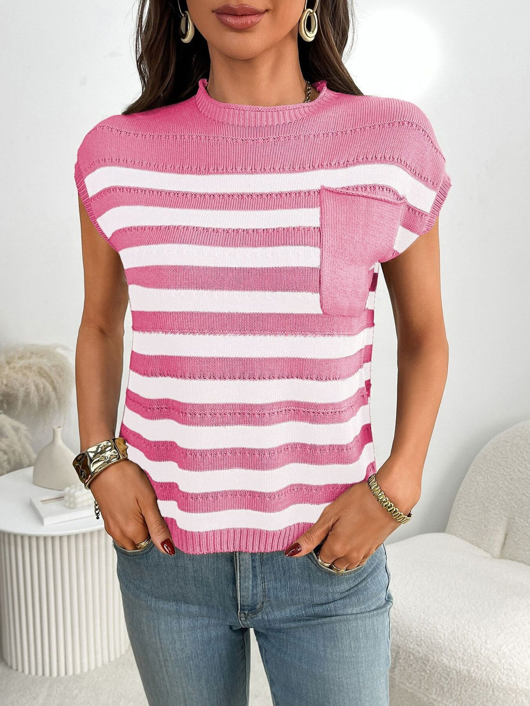 Pink Striped knit cap sleeve top with patch pocket