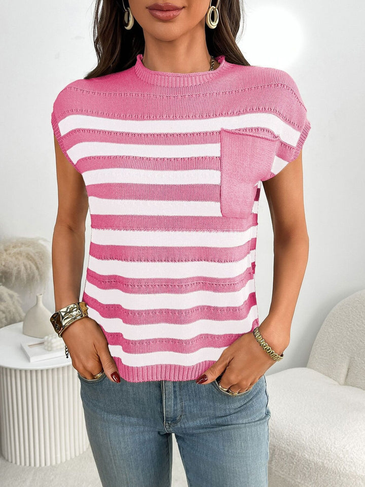 Pink Striped knit cap sleeve top with patch pocket