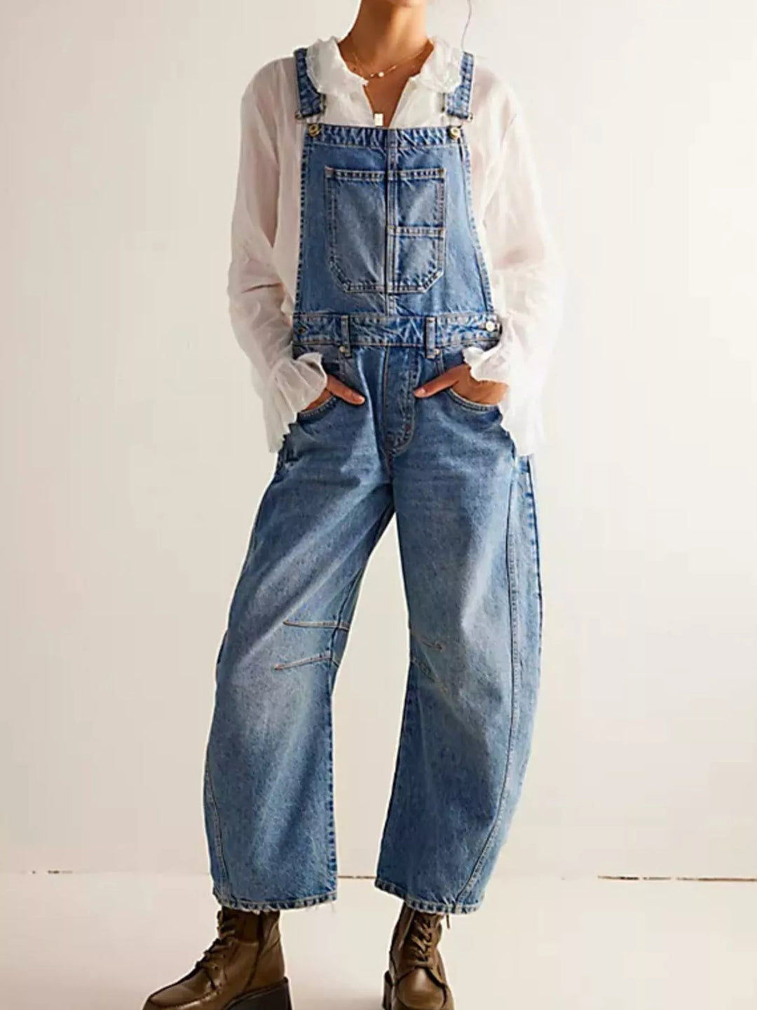Wide-leg cotton denim overalls with adjustable straps