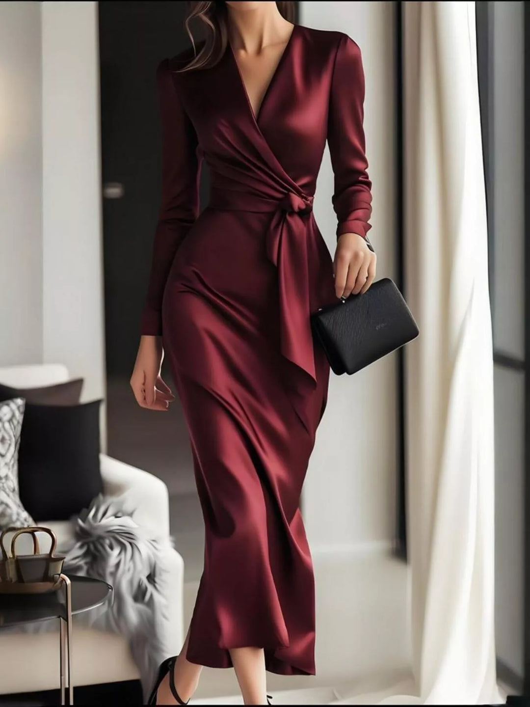 Surplice satin long sleeve maxi dress with tie waist