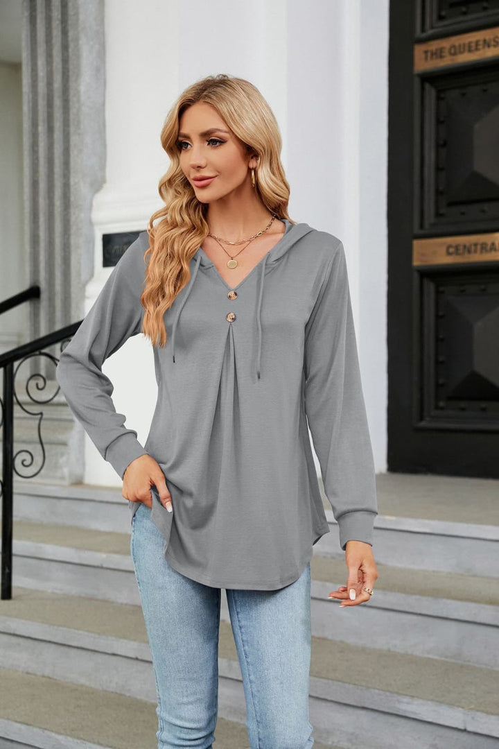 Light Gray Hooded drawstring tunic blouse with button placket