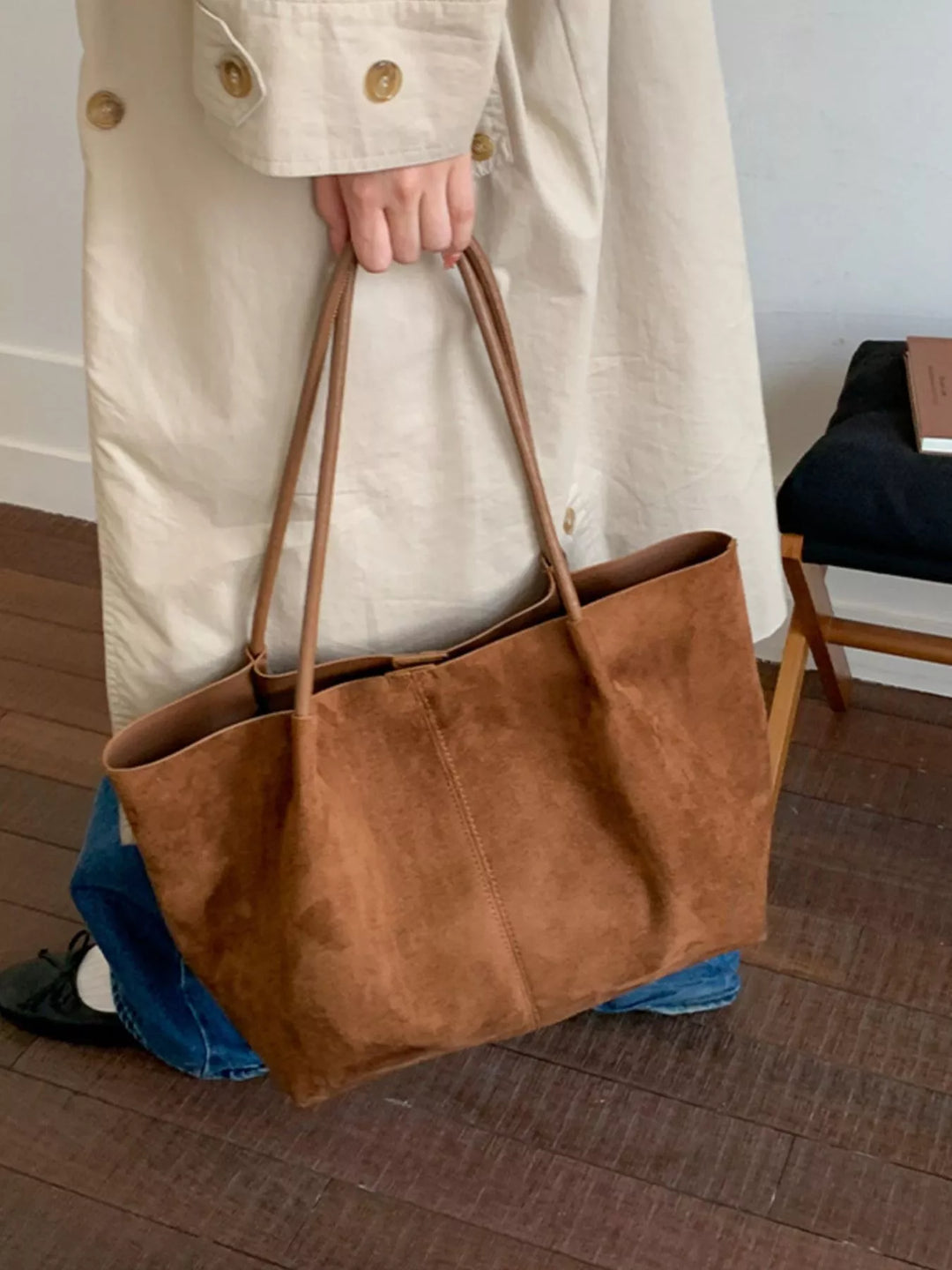 Brown Oversized suede tote bag with slim shoulder straps