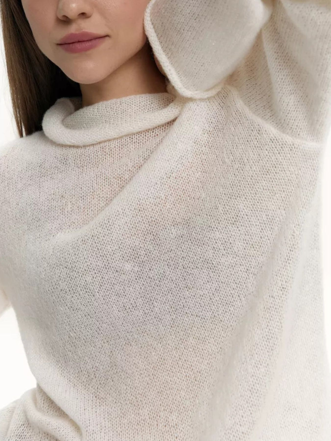 Sheer open-knit mock neck sweater with long sleeves