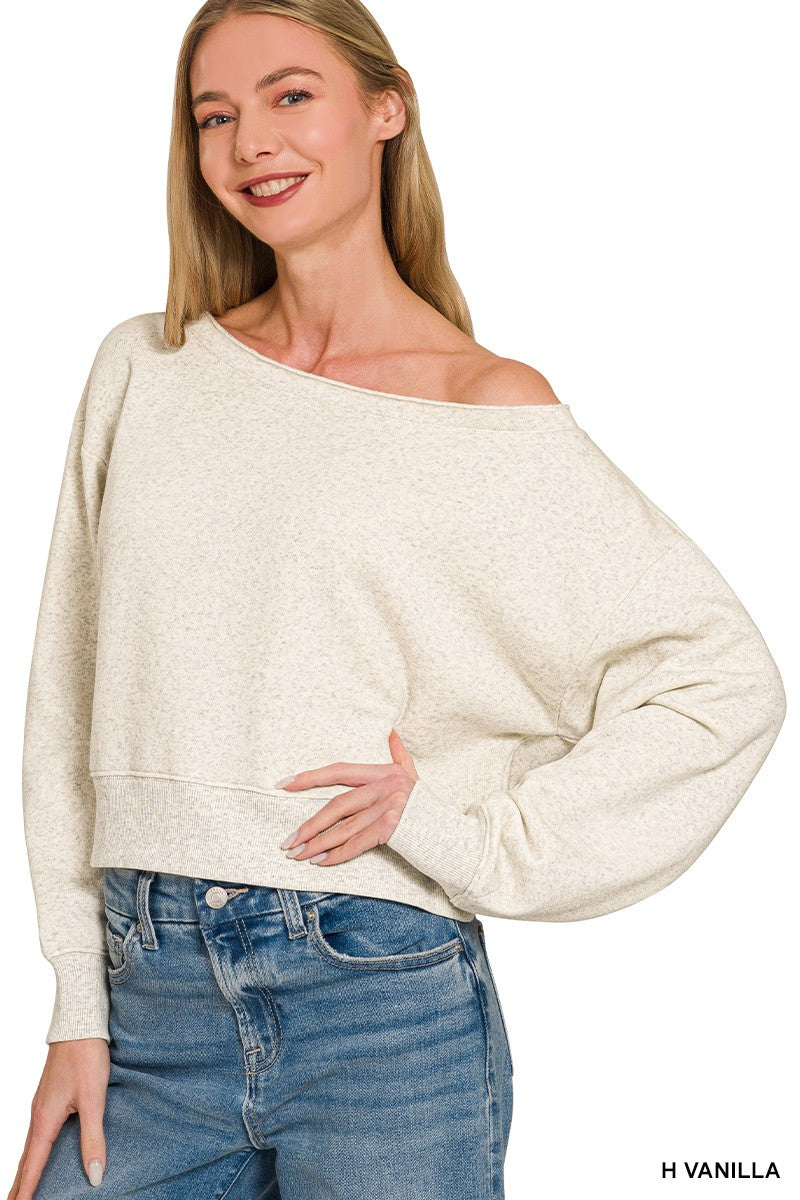 Cropped boat-neck fleece sweatshirt with ribbed hem