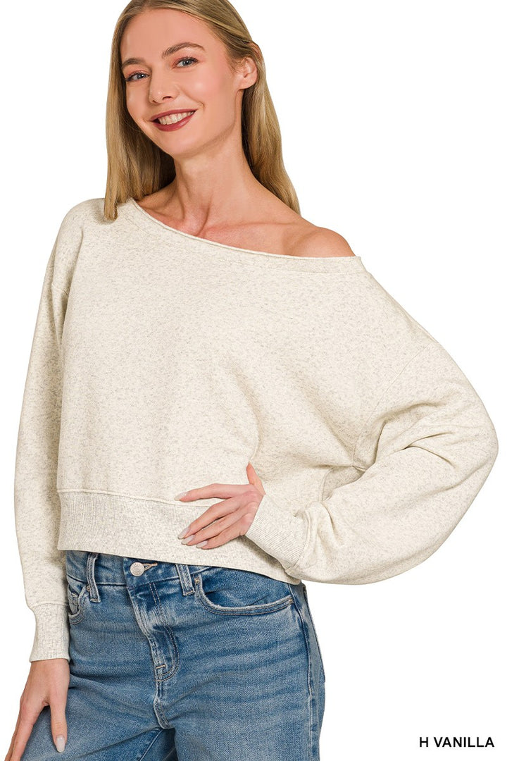 Cropped boat-neck fleece sweatshirt with ribbed hem