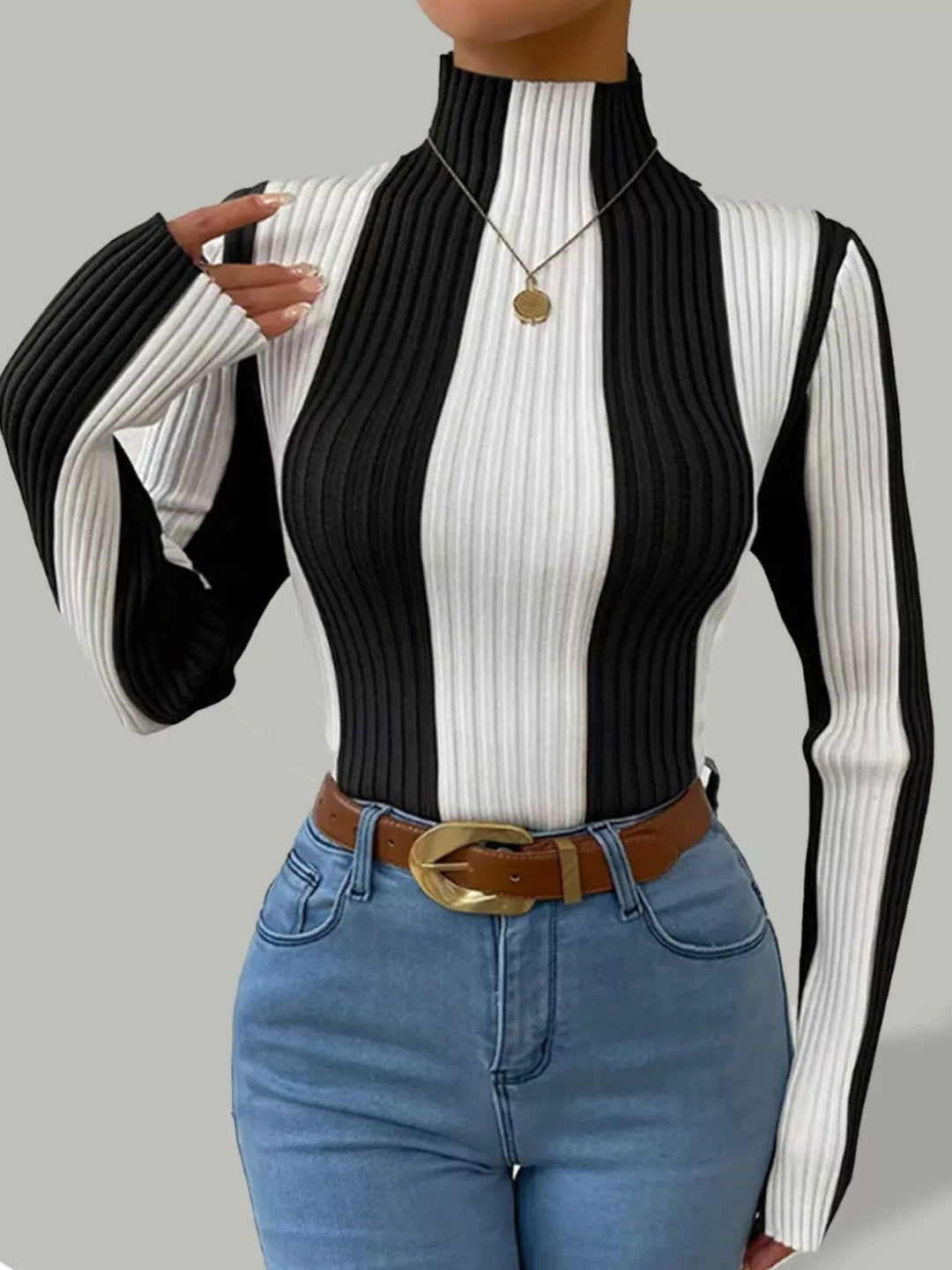 Black Color block ribbed knit turtleneck top with long sleeves