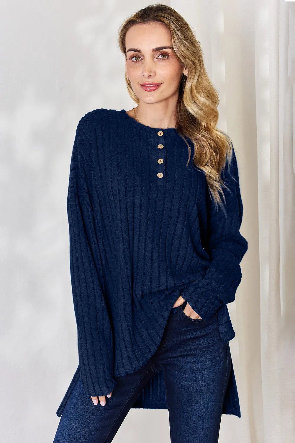 Dark Blue Ribbed knit half-button long sleeve high-low top