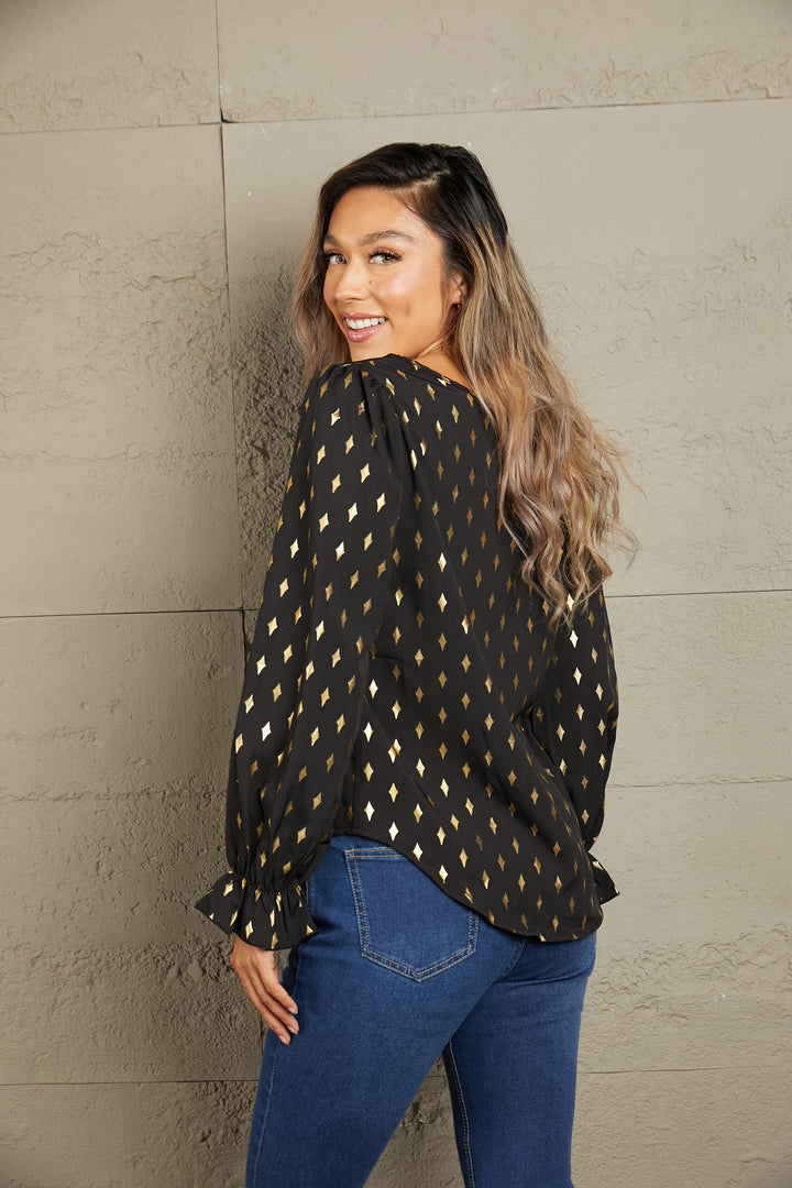 Metallic gold geometric print flounce sleeve blouse
