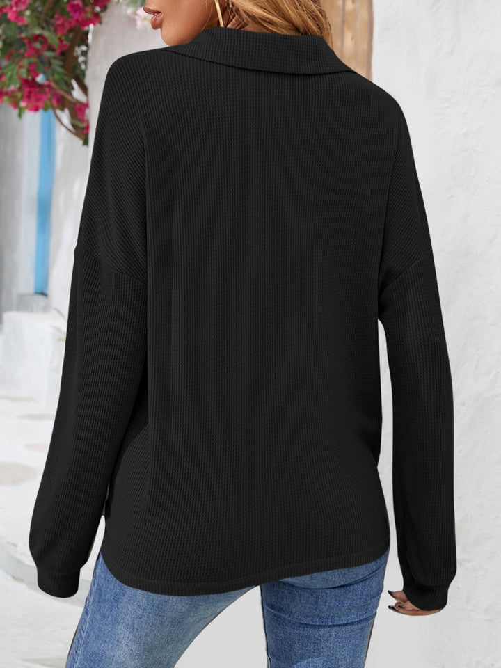 Waffle knit half-button collared long sleeve top