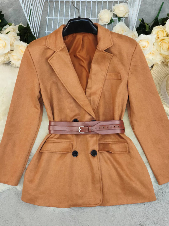 Double-breasted longline blazer with flap pockets