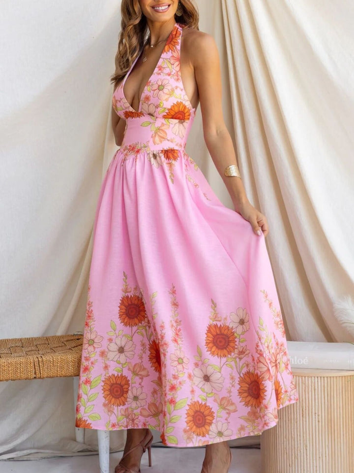 Sunflower print halter maxi dress with plunge neckline