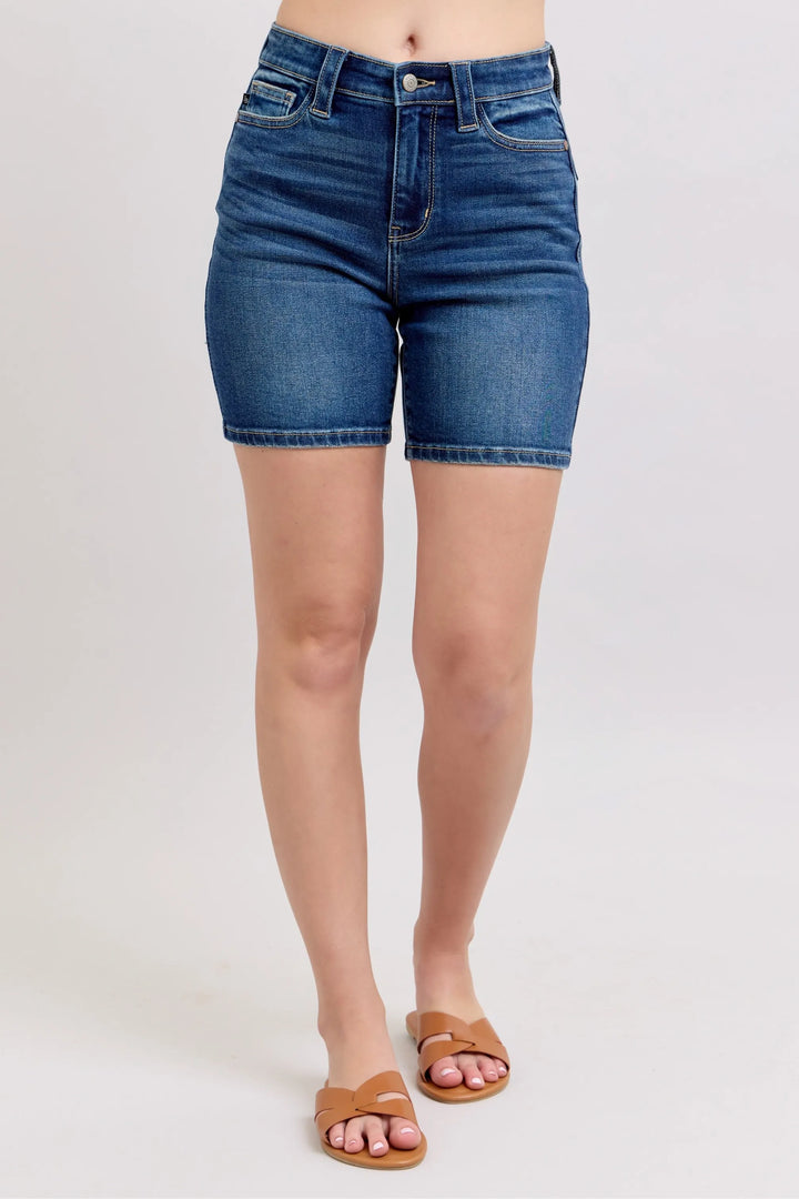 High-rise Bermuda denim shorts with back flap pockets