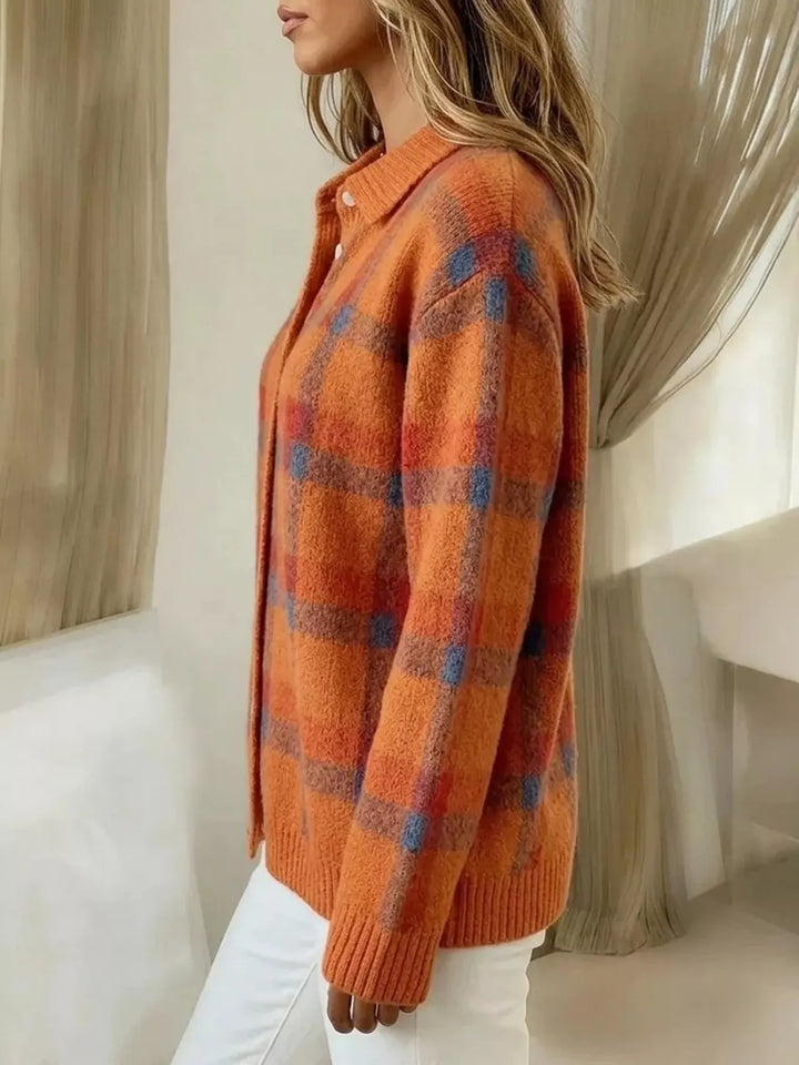 Plaid knit button-down shirt cardigan with collar
