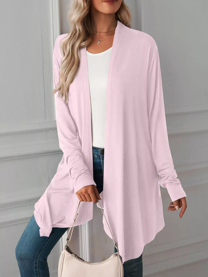 Lightweight open front cardigan with draped waterfall hem
