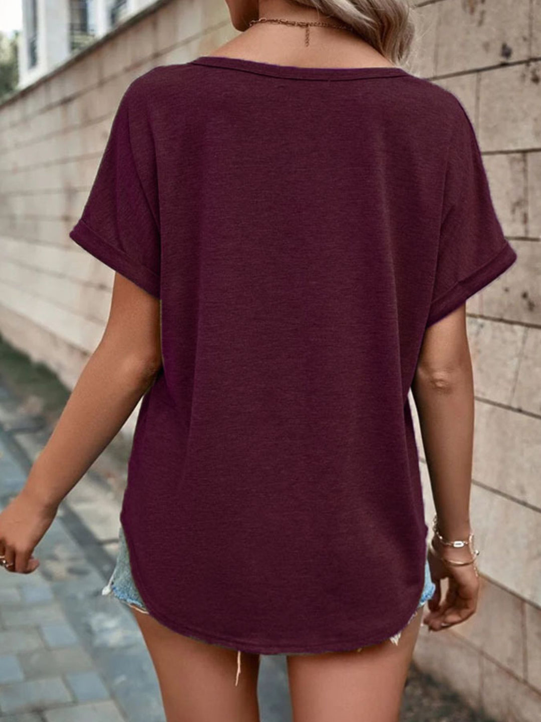 Decorative button-front notch neck short sleeve tee