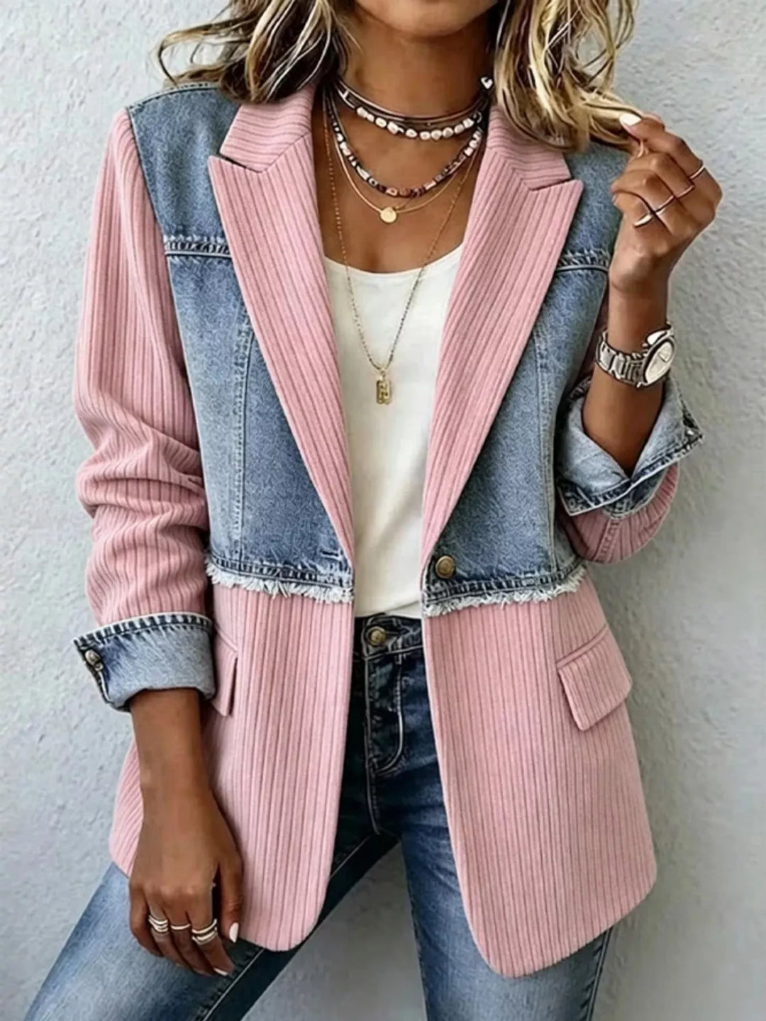 Blush Pink Denim patchwork ribbed blazer with raw hem and notch lapels