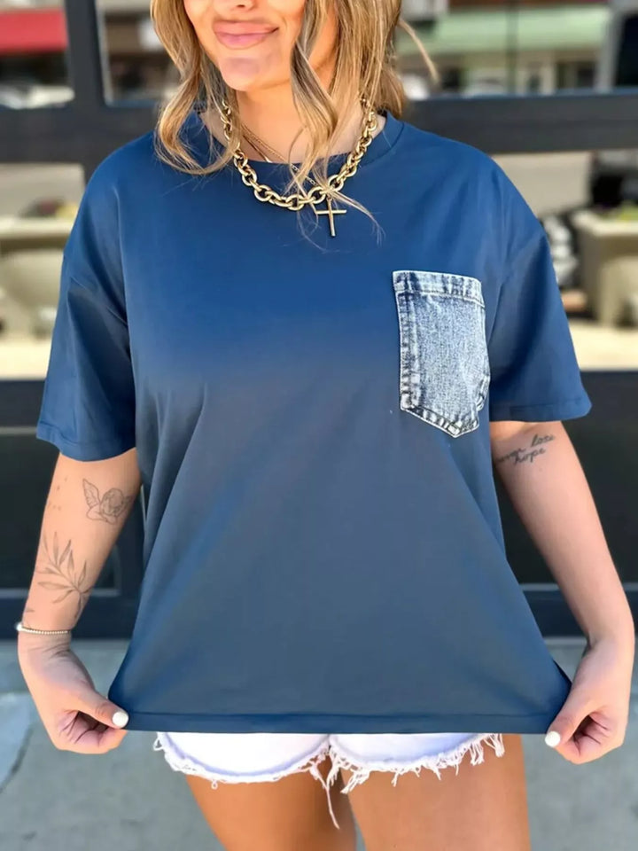 Dusty Blue Relaxed crew neck tee with contrast denim chest pocket