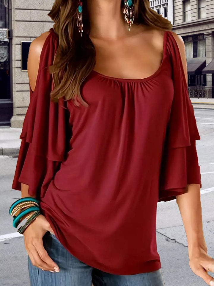 Burgundy Cold shoulder top with tiered ruffle sleeves