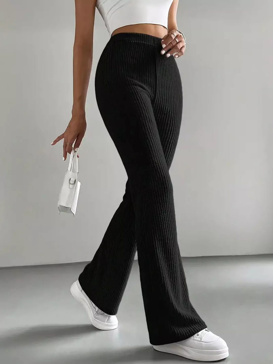 High-rise ribbed knit flare pants