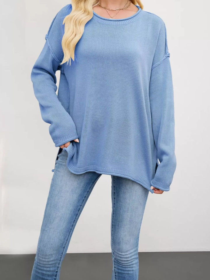 Blue Exposed seam oversized crew neck sweater with raw hem