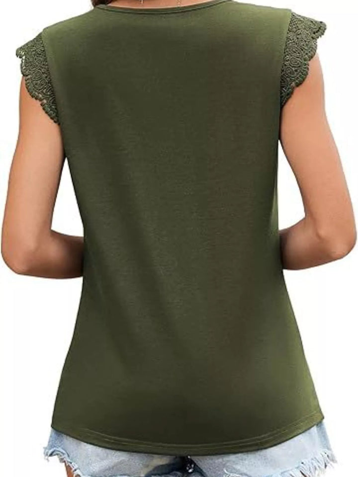 Lace trim cap sleeve crew neck knit top