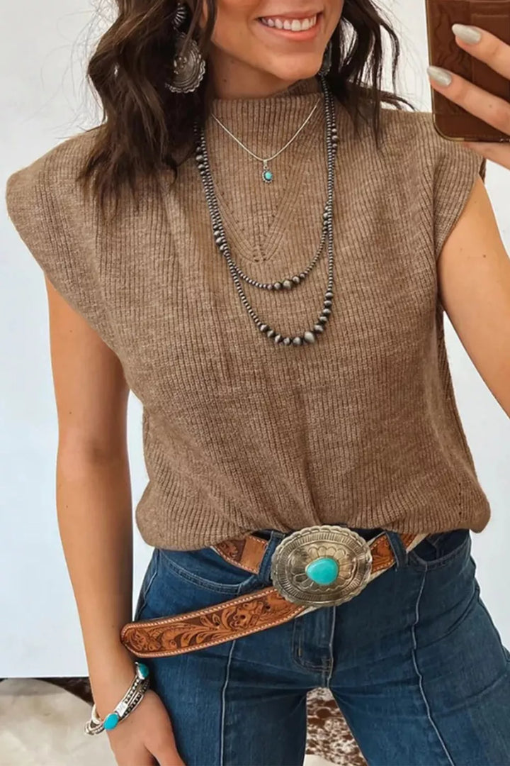 Relaxed ribbed knit mock neck sweater vest