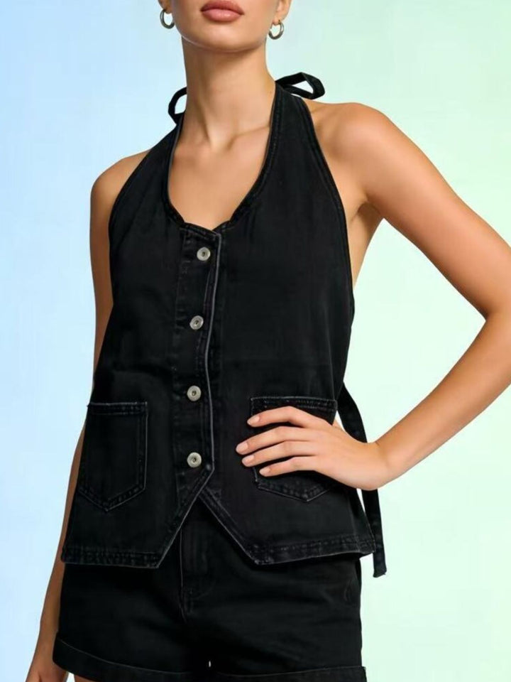 Halter neck button-down denim vest with patch pockets