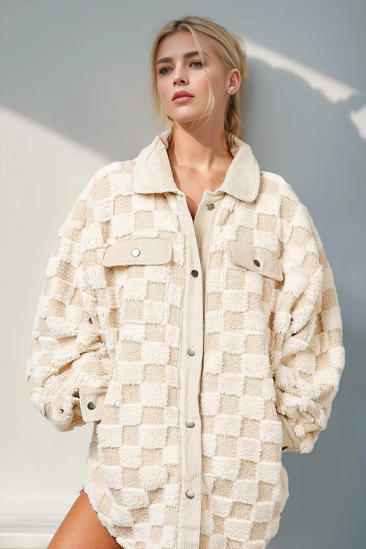 Cream Fuzzy checkered snap-button shacket with corduroy trim