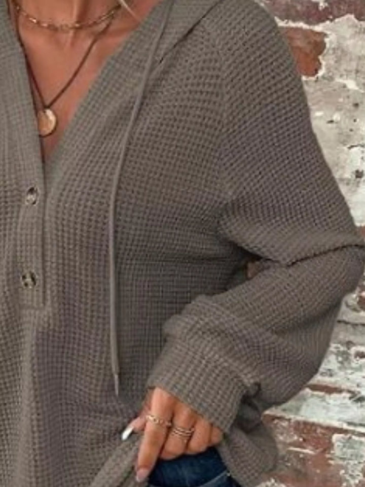 Waffle knit button-front hoodie with drawstring hood