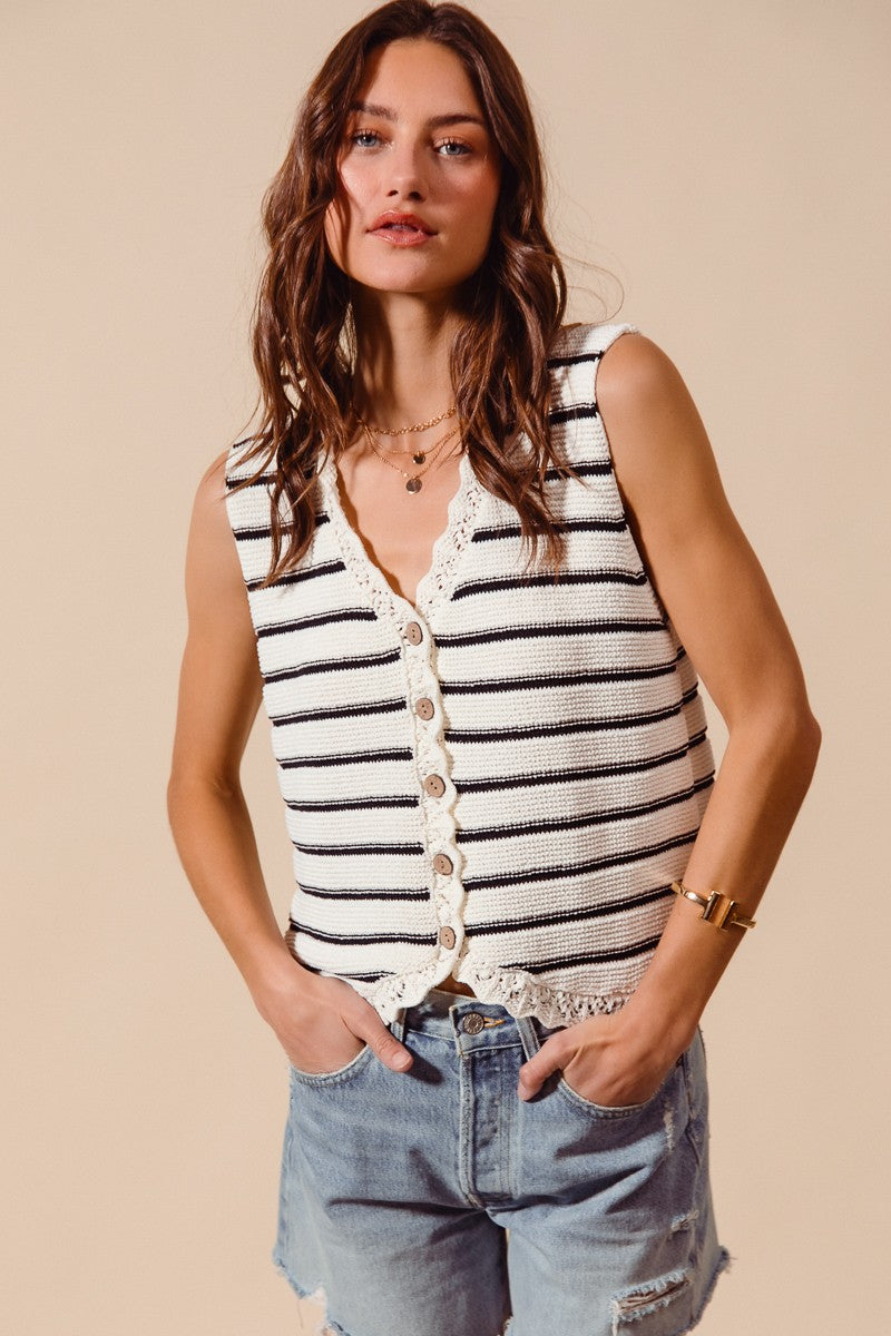 Striped knit button-down sweater vest with crochet trim