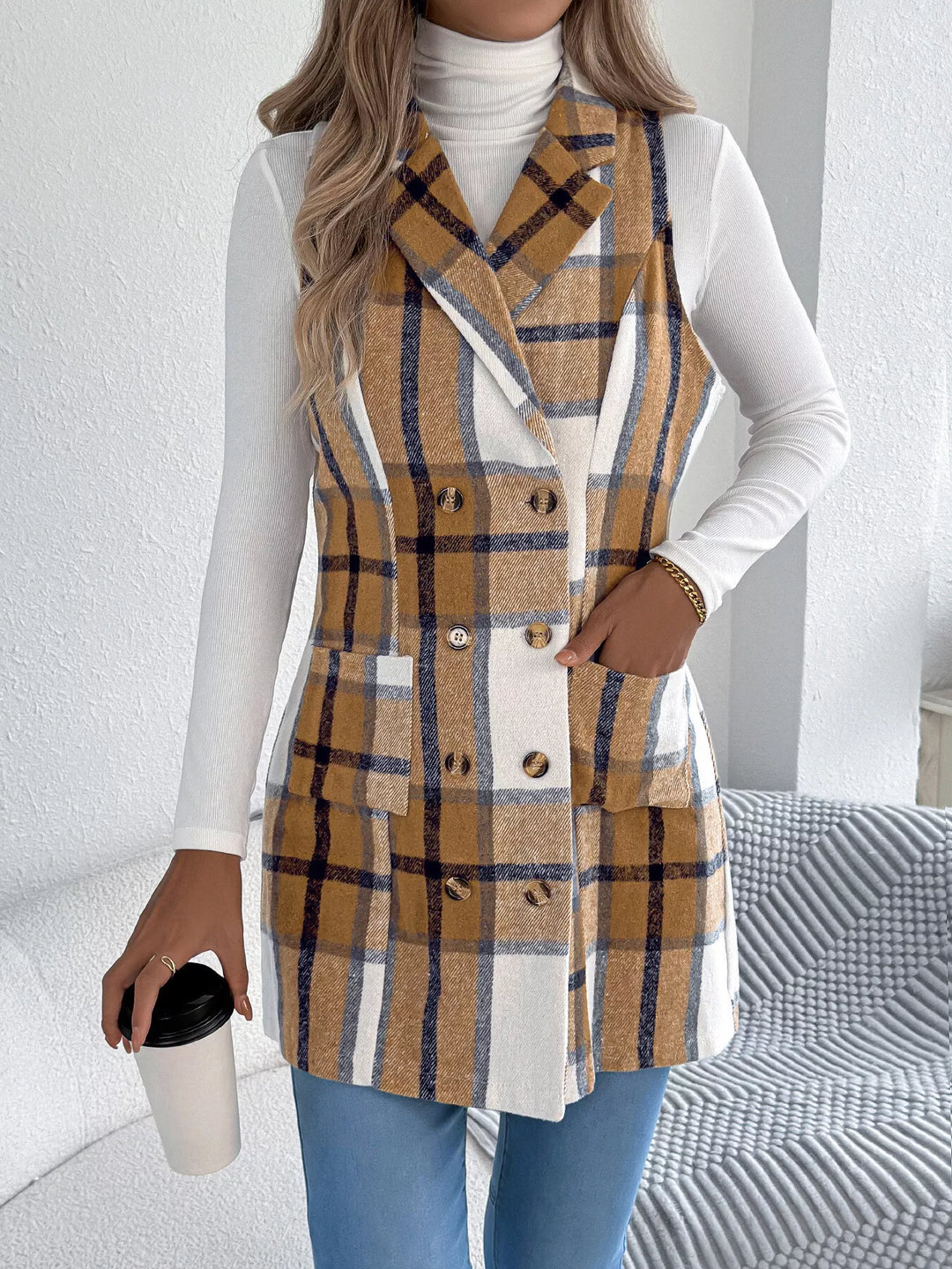 Plaid double-breasted longline vest coat with notched lapel