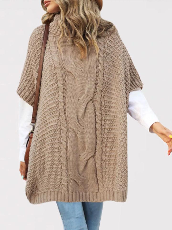 Cable-knit turtleneck short sleeve oversized tunic sweater