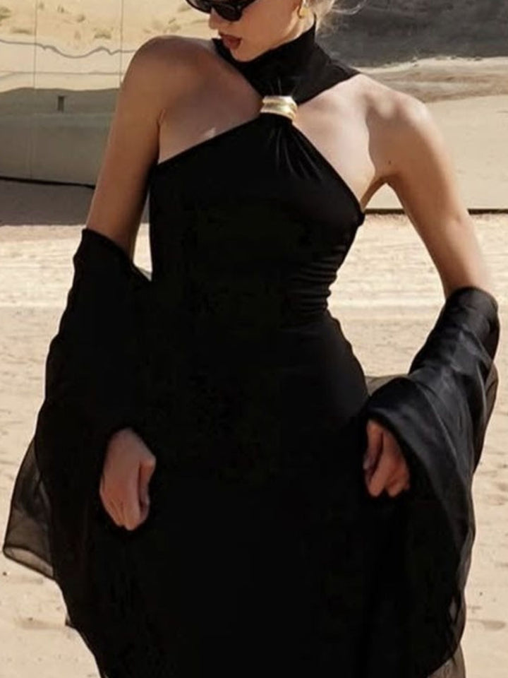 Sleeveless turtleneck tank with gold ring cutout detail