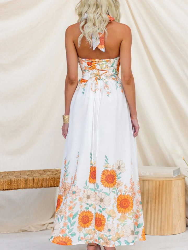 Sunflower print halter maxi dress with plunge neckline