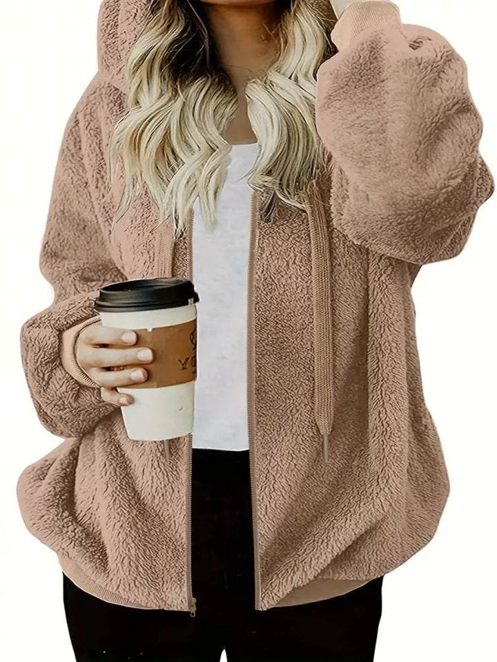 Khaki Fuzzy fleece zip-up hoodie jacket with drawstring