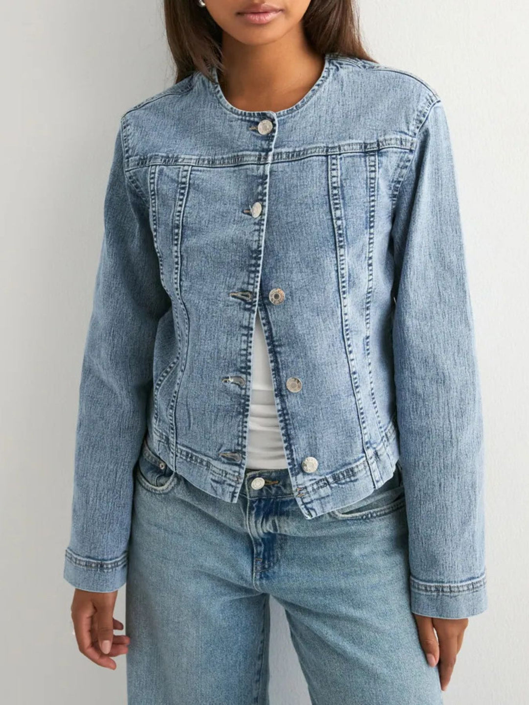 Collarless button-front cropped denim jacket