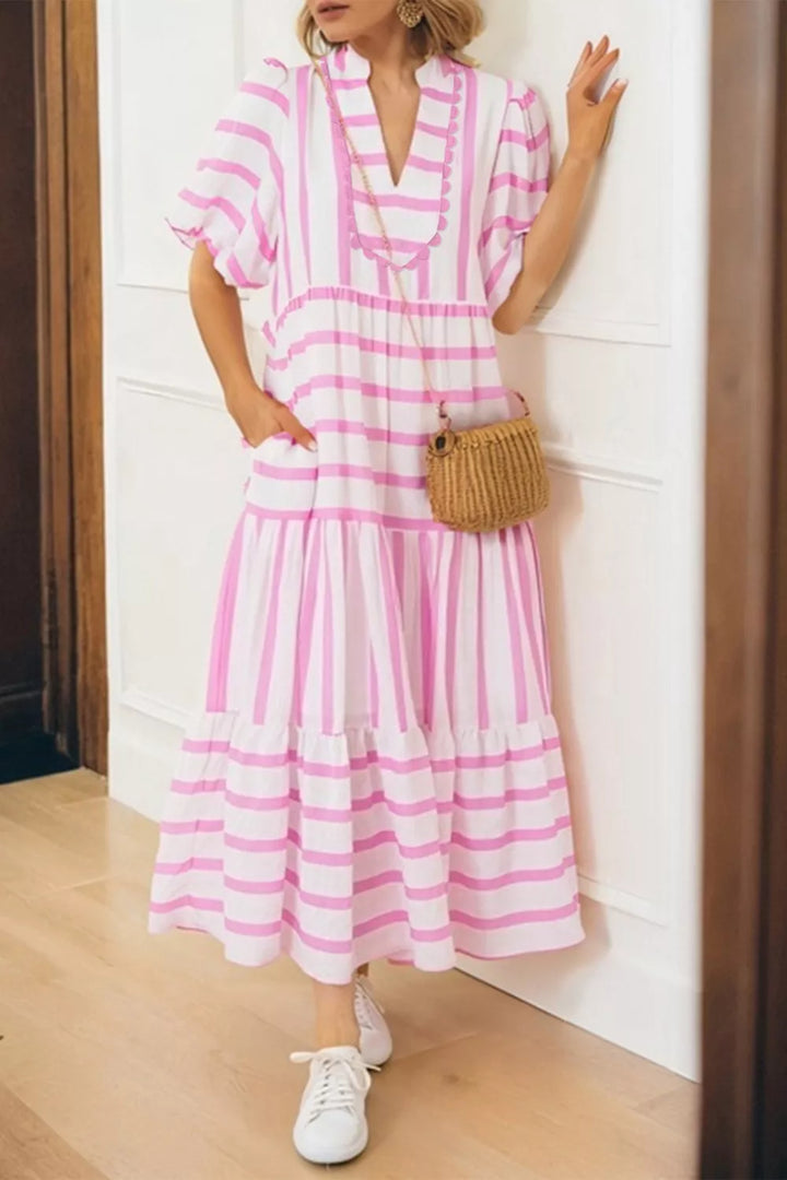 Blush Pink Striped ricrac trim notched neck tiered maxi dress