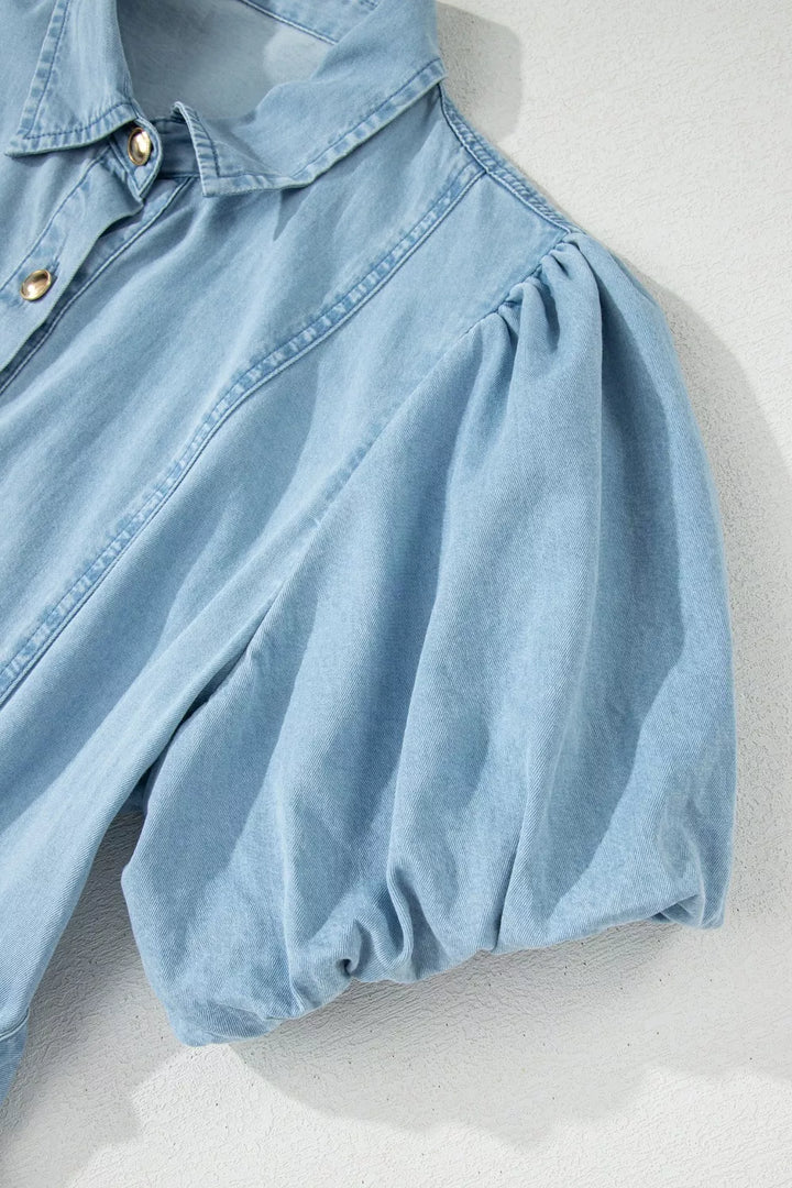 Belted chambray midi shirt dress with puff sleeves