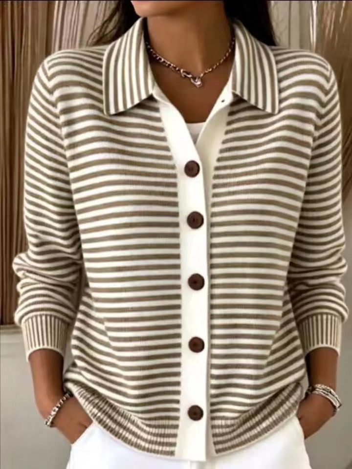 Khaki Striped button-down knit cardigan with pointed collar