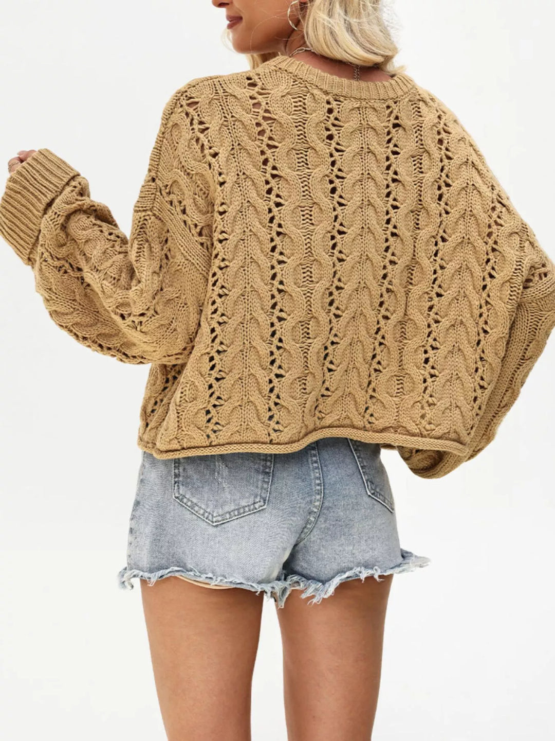 Openwork cable knit henley sweater with drop shoulders