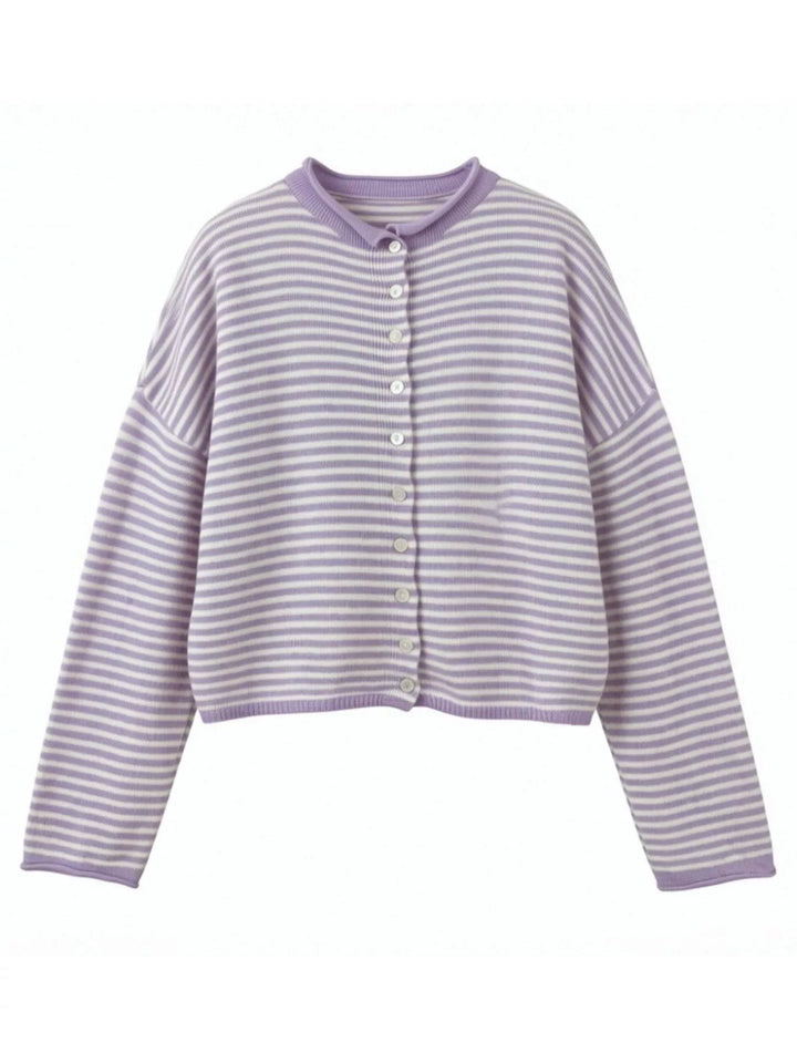 Striped button-front knit cardigan with drop shoulders
