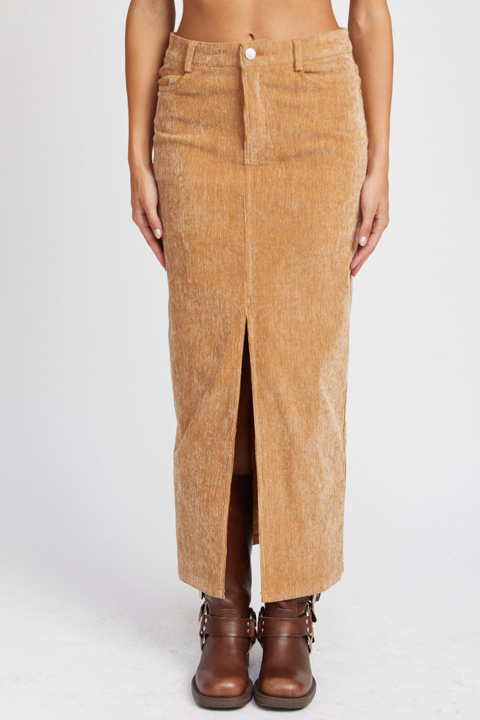 CORDUROY MID SKIRT WITH FRONT SLIT - Azoroh